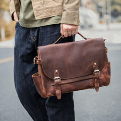 Vintage Dark Brown Leather Mens 14 inches Briefcase Black Work Briefcase Handbag For Men - iwalletsmen