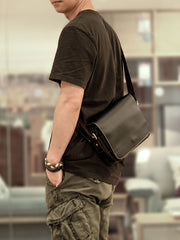 Cool Black Leather Mens Small Courier Bags Black Messenger Bags Brown Postman Bags For Men - iwalletsmen