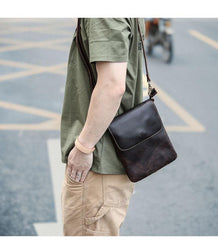 Casual Black Leather Mens Small Vertical Courier Bags Black Messenger Bags Brown Postman Bags For Men - iwalletsmen