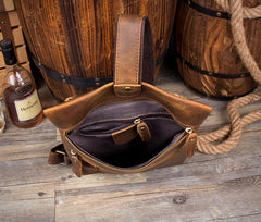 Casual Brown Leather Mens Large Sling Pack Sling Bag Chest Bag One Shoulder Backpacks for Men - iwalletsmen