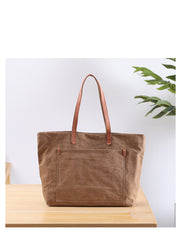 Casual Canvas Leather Mens Womens Large White Handbag Tote Bag Khaki Shoulder Bag Tote Purse For Men - iwalletsmen