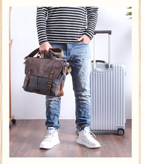 Casual Canvas Leather Mens Khaki Handbag 14'' Side Bag Gray Messenger Bag For Men - iwalletsmen