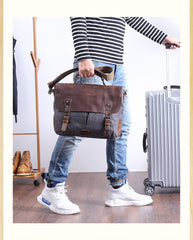 Casual Canvas Leather Mens Khaki Handbag 14'' Side Bag Gray Messenger Bag For Men - iwalletsmen