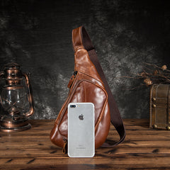Cool Brown Leather sling shoulder bag mens Chest Bag One Shoulder Backpack For Men - iwalletsmen