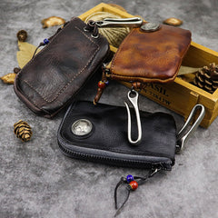 Vintage Brown Leather Men's Car Key Wallet Black Zipper Key Wallet For Men - iwalletsmen