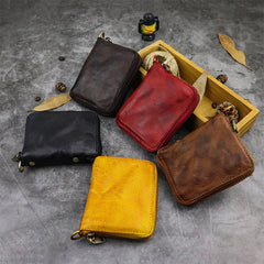 Vintage Leather Brown Men's Bifold Small Wallet Black Zipper billfold Wallet For Men - iwalletsmen