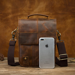 Vintage Brown Leather Mens Small Vertical Side Bags Courier Bag Messenger Bag For Men - iwalletsmen