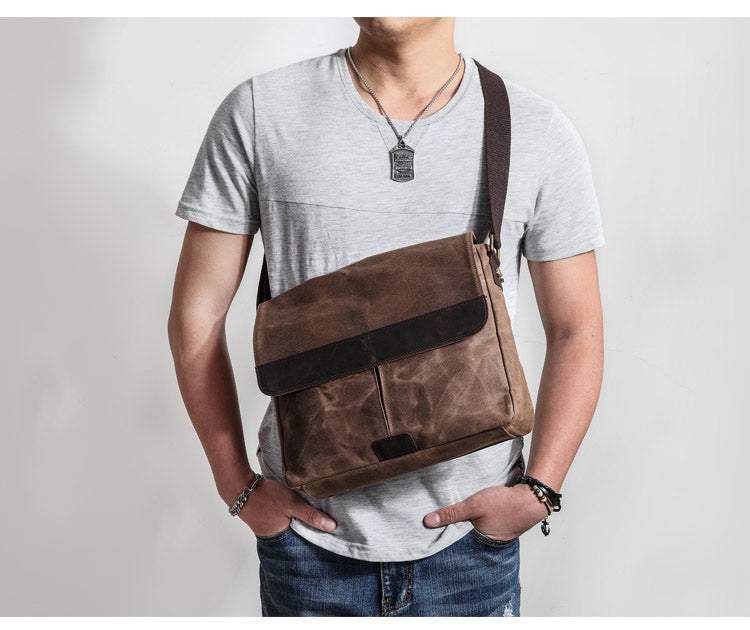 Casual Waxed Canvas Leather Brown Men's Side Bag Shoulder Bag Messenger Bag For Men - iwalletsmen