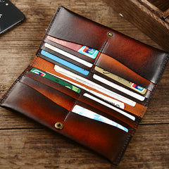 Casual Retro Leather Mens Wine Red Slim Long Wallet Light Beige Bifold Card Wallet Clutch Wallet For Men - iwalletsmen