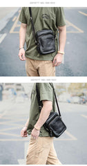 Casual Small Leather Mens Black Side Bags Small Vertical Postman Bag Messenger Bags For Men - iwalletsmen
