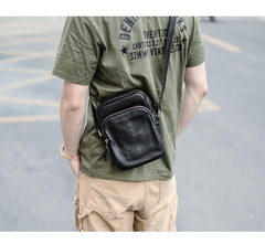 Casual Small Leather Mens Black Side Bags Small Vertical Postman Bag Messenger Bags For Men - iwalletsmen