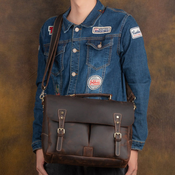 Classic Leather Mens Briefcase Handbag 13‘’ Laptop Bag Messenger BAG Vintage Courier Bag FOR MEN