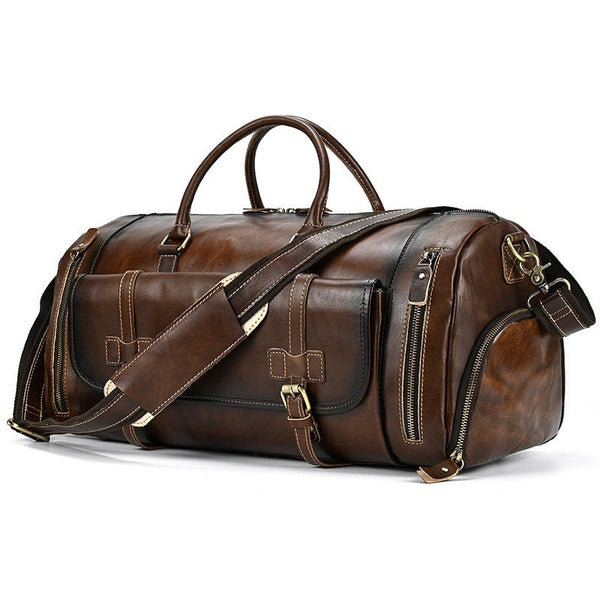 Classic Coffee Leather Mens Large Weekender Bag Travel Bag Large Leather Duffle Bag