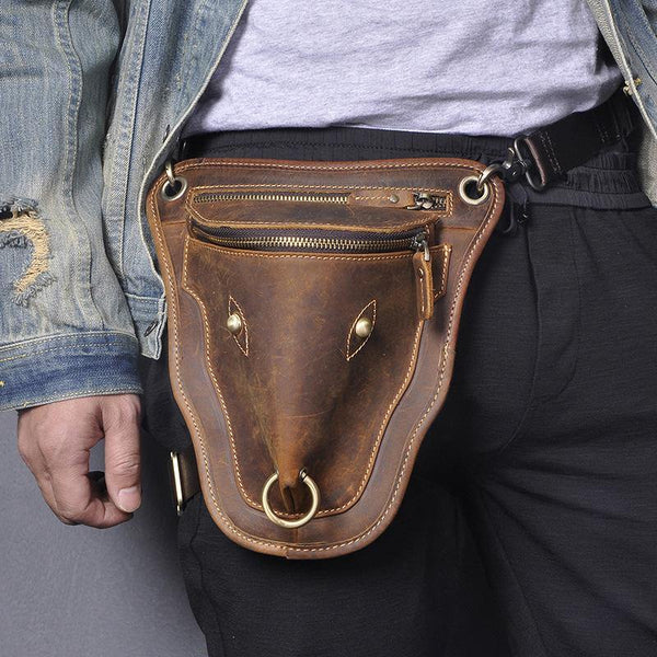 Vintage Brown LEATHER MEN'S Ox Fanny Pack Waist Bag Side Bag Drop Leg Biker Bag For Men - iwalletsmen