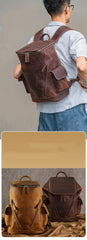 Brown Bucket Leather College Backpack Men's 14 inches Large Barrel Travel Backpack For Men