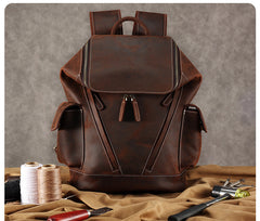 Brown Bucket Leather College Backpack Men's 14 inches Large Barrel Travel Backpack For Men
