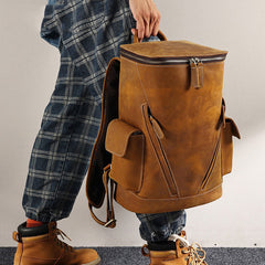Brown Bucket Leather College Backpack Men's 14 inches Large Barrel Travel Backpack For Men