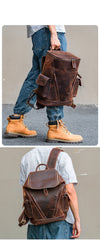 Coffee Bucket Leather College Backpack Men's 14 inches Large Barrel Travel Backpack For Men
