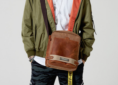 Coffee Canvas Leather Mens Side Bag Vertical Messenger Bags Army Green Canvas Courier Bag for Men - iwalletsmen