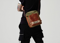 Coffee Canvas Leather Mens Side Bag Vertical Messenger Bags Army Green Canvas Courier Bag for Men - iwalletsmen