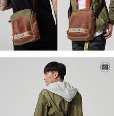 Coffee Canvas Leather Mens Side Bag Vertical Messenger Bags Army Green Canvas Courier Bag for Men - iwalletsmen