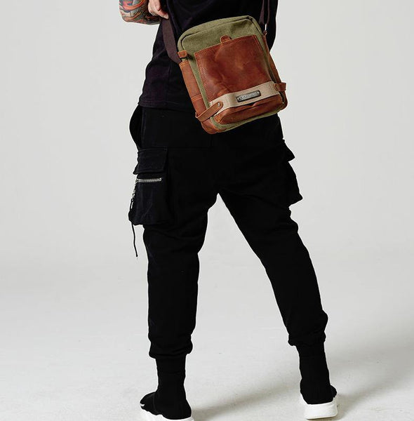 Coffee Canvas Leather Mens Side Bag Vertical Messenger Bags Army Green Canvas Courier Bag for Men - iwalletsmen