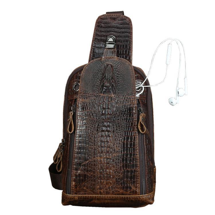 Crocodile Pattern Leather Backpack Men's Sling Bag Chest Bag Coffee On ...