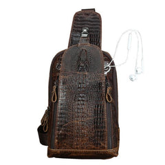 Crocodile Pattern Leather Backpack Men's Sling Bag Chest Bag Coffee One shoulder Backpack Sling Pack For Men - iwalletsmen
