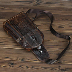 Crocodile Pattern Leather Backpack Men's Sling Bag Chest Bag Coffee One shoulder Backpack Sling Pack For Men - iwalletsmen