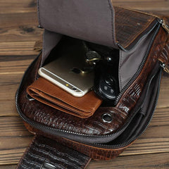 Crocodile Pattern Leather Backpack Men's Sling Bag Chest Bag Coffee One shoulder Backpack Sling Pack For Men - iwalletsmen