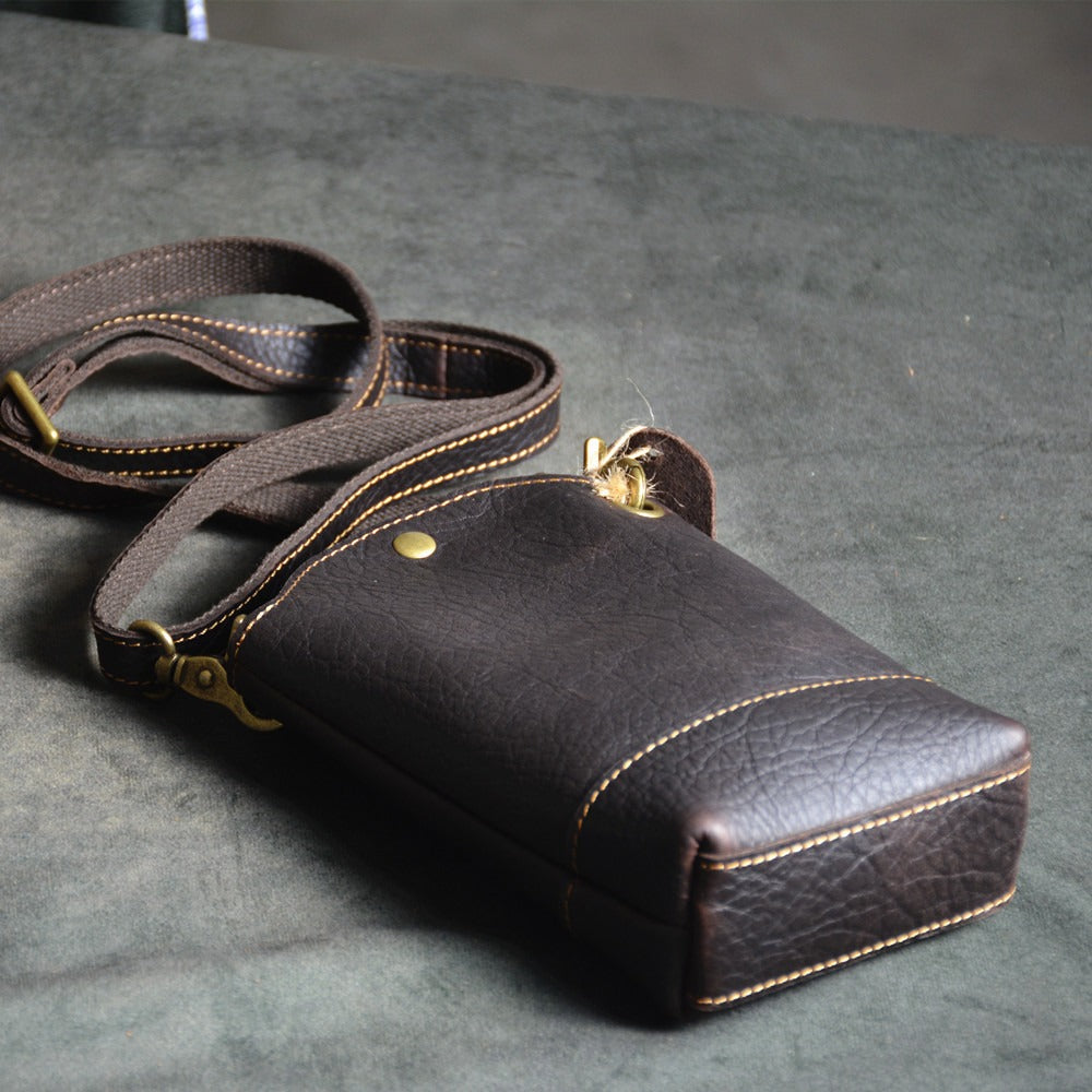 Coffee Leather MEN'S Small Phone Side bag Vertical Phone Shoulder Bag FOR MEN