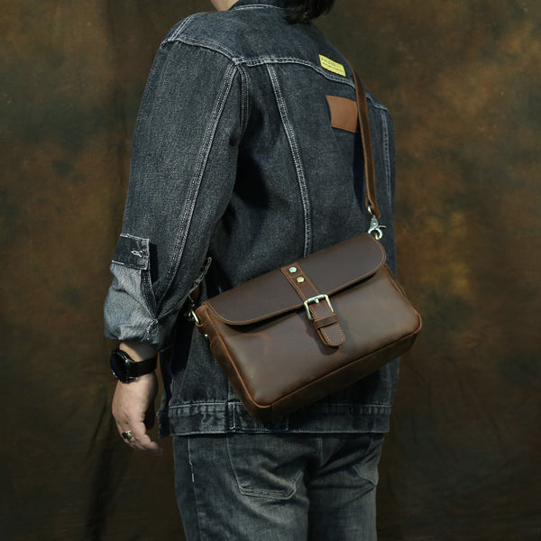 Coffee Leather Men's Small iPad Shoulder Bag Side Bag Best iPad Messenger Bags For Men