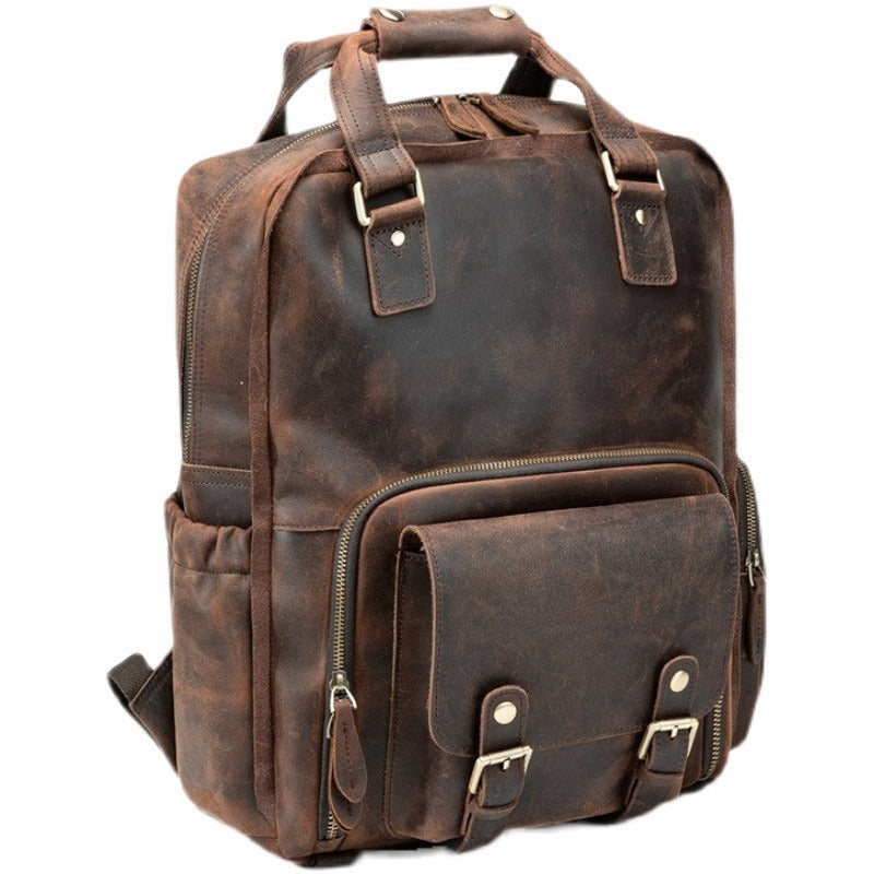 Coffee Leather Men's Travel Backpack School Backpack Handbag Camera Backpack For Men