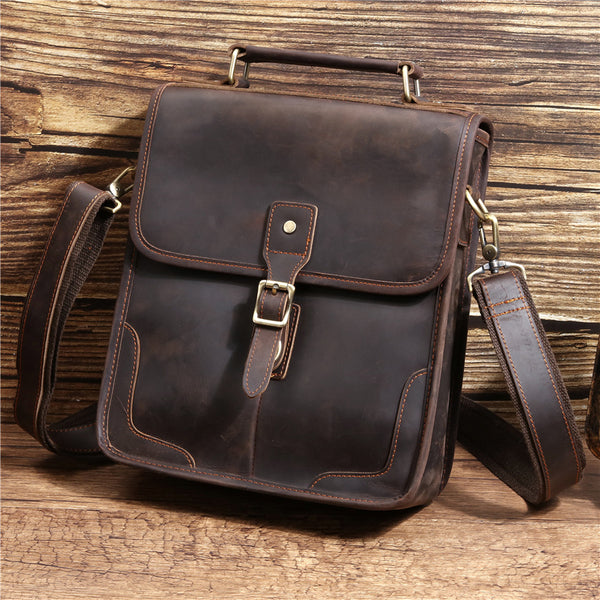 Coffee Leather Men's Vertical Side Bag 10 inches Best Vertical iPad Messenger Bag For Men