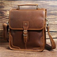 Coffee Leather Men's Vertical Side Bag 10 inches Best Vertical iPad Messenger Bag For Men