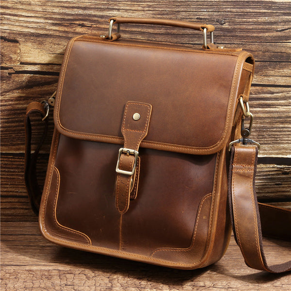 Brown Leather Men's Vertical Side Bag 10 inches Best Vertical iPad Messenger Bag For Men