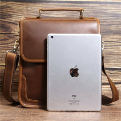 Coffee Leather Men's Vertical Side Bag 10 inches Best Vertical iPad Messenger Bag For Men