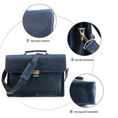 Blue Leather Mens Briefcase 15.6 inches Work Briefcase Business Briefcase Laptop Briefcase For Men