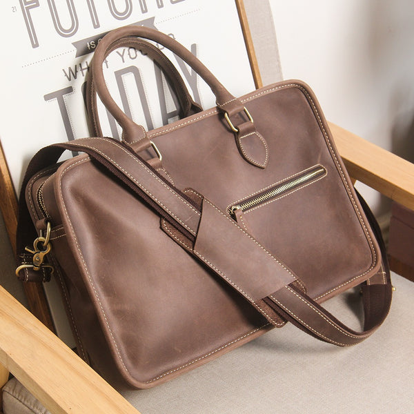Coffee Leather Mens Briefcase Work Handbag 14 inches Laptop Business Bag For Men