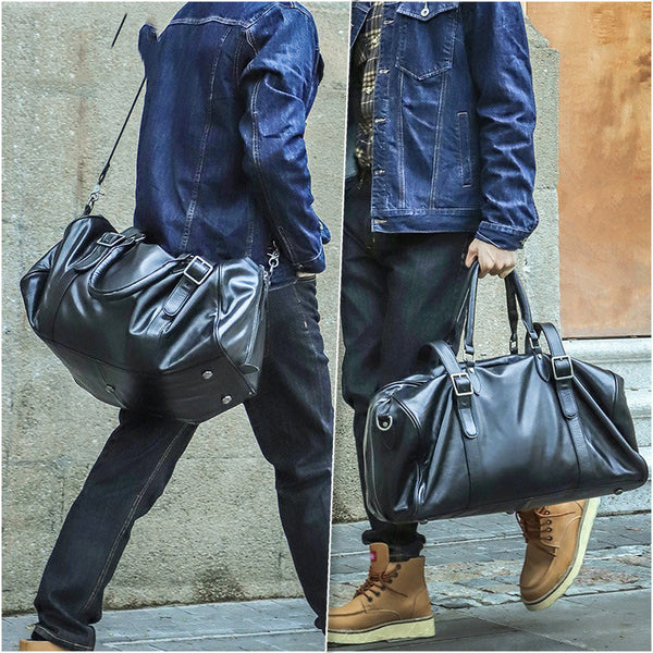 Black Leather Mens Large Weekender Bag Duffle Bag Overnight Bag Travel Bag for Men
