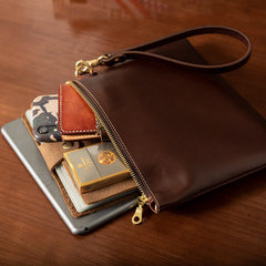 Brown Leather Mens Slim Clutch Wallet Brown iPad Wristlet Purse for Men