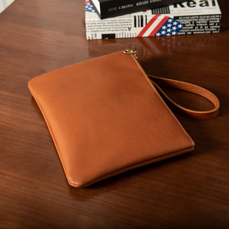 Coffee Leather Mens Slim Clutch Wallet Coffee iPad Wristlet Purse for Men