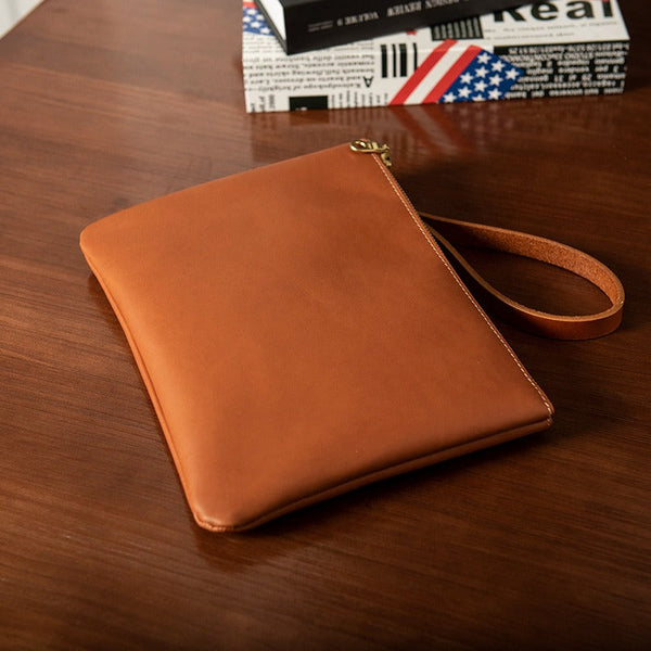 Brown Leather Mens Slim Clutch Wallet Brown iPad Wristlet Purse for Men