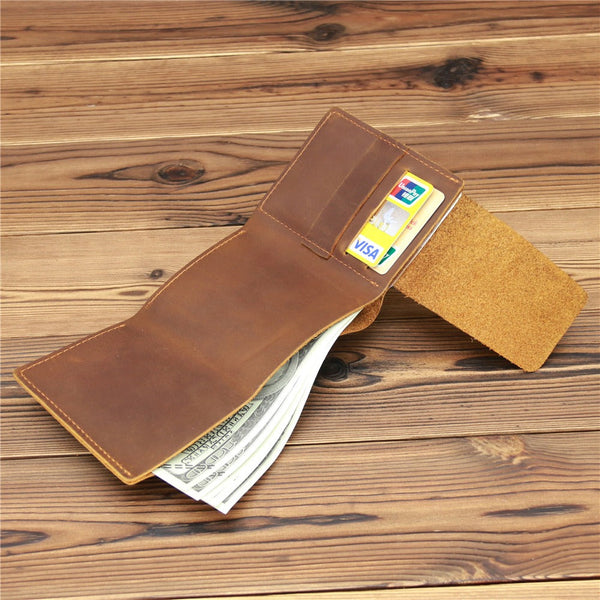 Brown Leather Mens Slim Trifold Wallet Small Wallets Vertical Billfold Wallet Front Pocket Wallet for Men