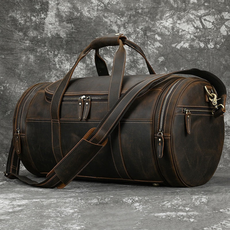 Coffee Leather Mens Travel Bag Weekender Bag Barrel Duffle Bag Overnight Bag for Men