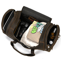 Coffee Leather Mens Travel Bag Weekender Bag Barrel Duffle Bag Overnight Bag for Men