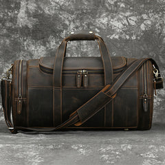 Coffee Leather Mens Travel Bag Weekender Bag Barrel Duffle Bag Overnight Bag for Men
