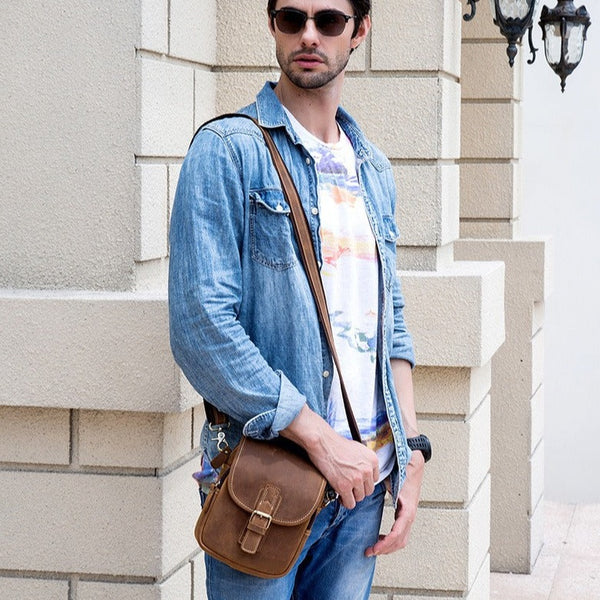 Brown Leather Mens Waist Pouch Belt Bag Mini Phone Shoulder Bag Small Side Bags For Men