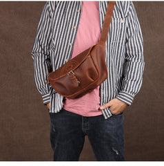 Coffee Leather Saddle Side Bag Messenger Bags Crossbody Pack for Men
