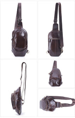 Coffee Leather Sling Bag Men's Coffee Chest Bag Sling Pack Phone One Shoulder Backpack For Men